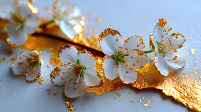 White Cherry Blossoms With Gold Leaf Accents
