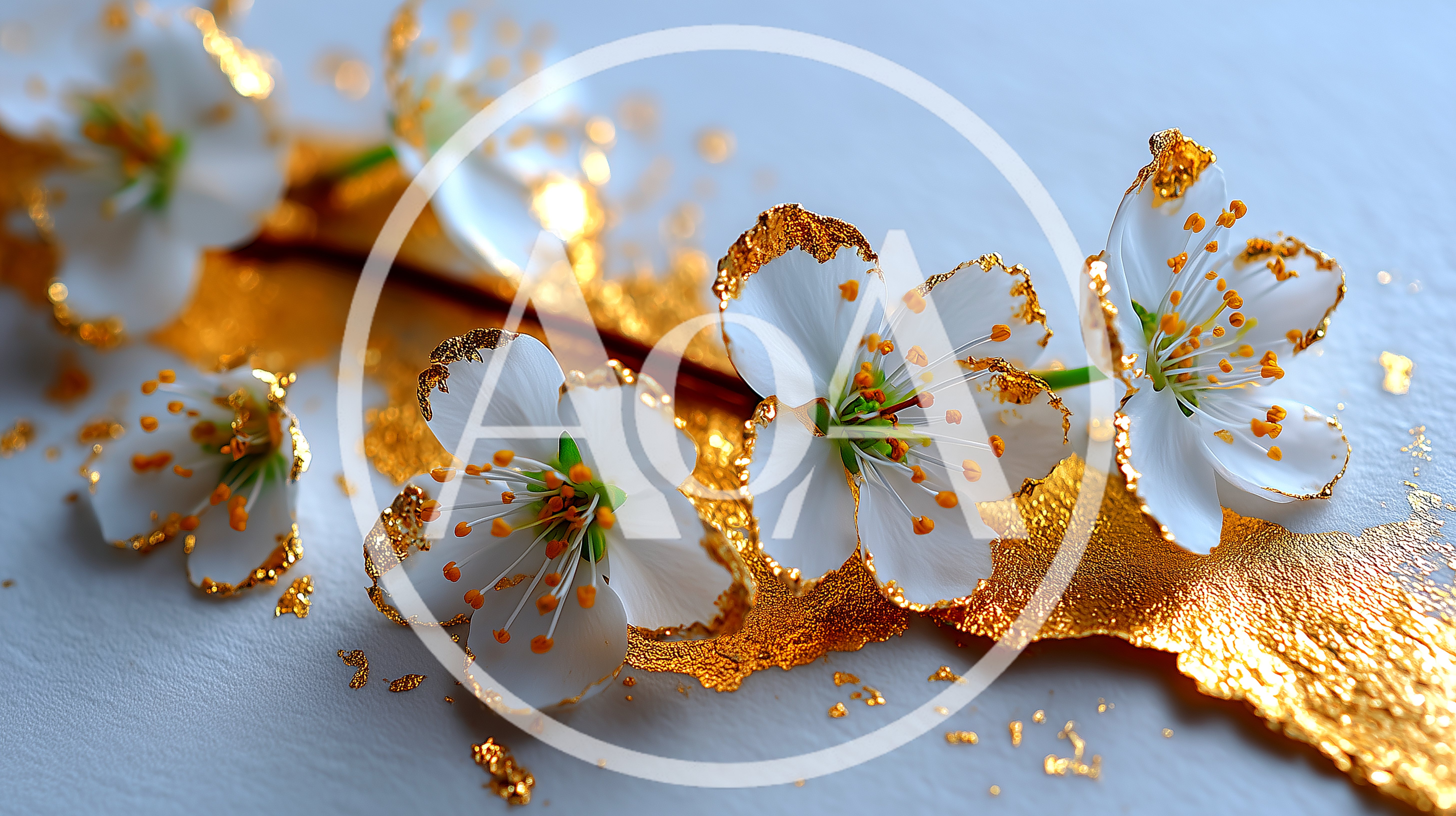 White Cherry Blossoms With Gold Leaf Accents