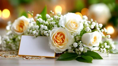 White Roses With Baby Breath And Blank Greeting Card