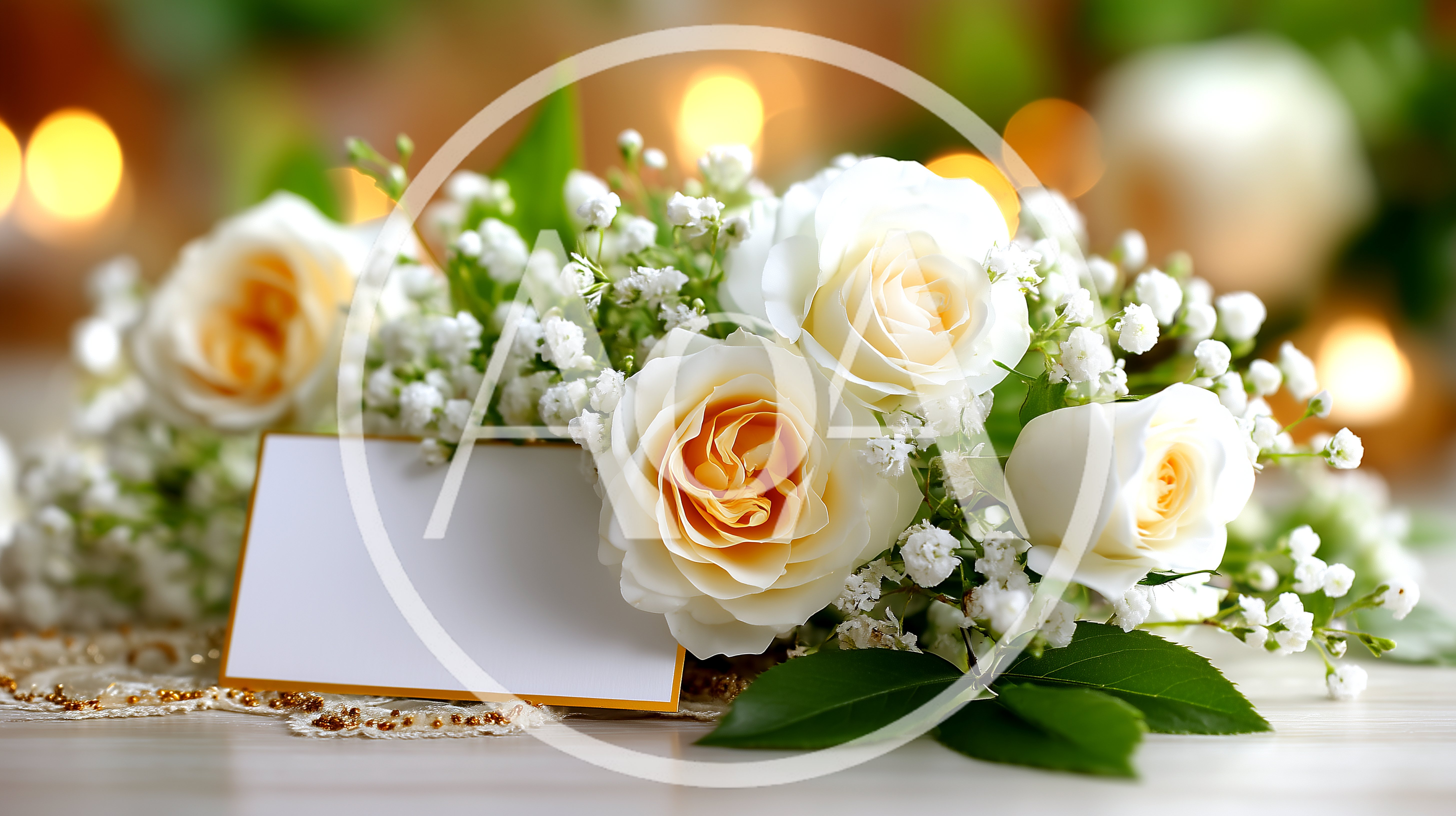 White Roses With Baby Breath And Blank Greeting Card