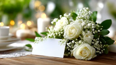 White Rose Bouquet With Blank Place Card