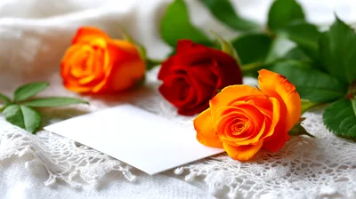 Three Roses And A Blank Note On Lace