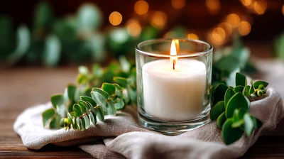 Lit Candle In Glass Jar With Eucalyptus Leaves
