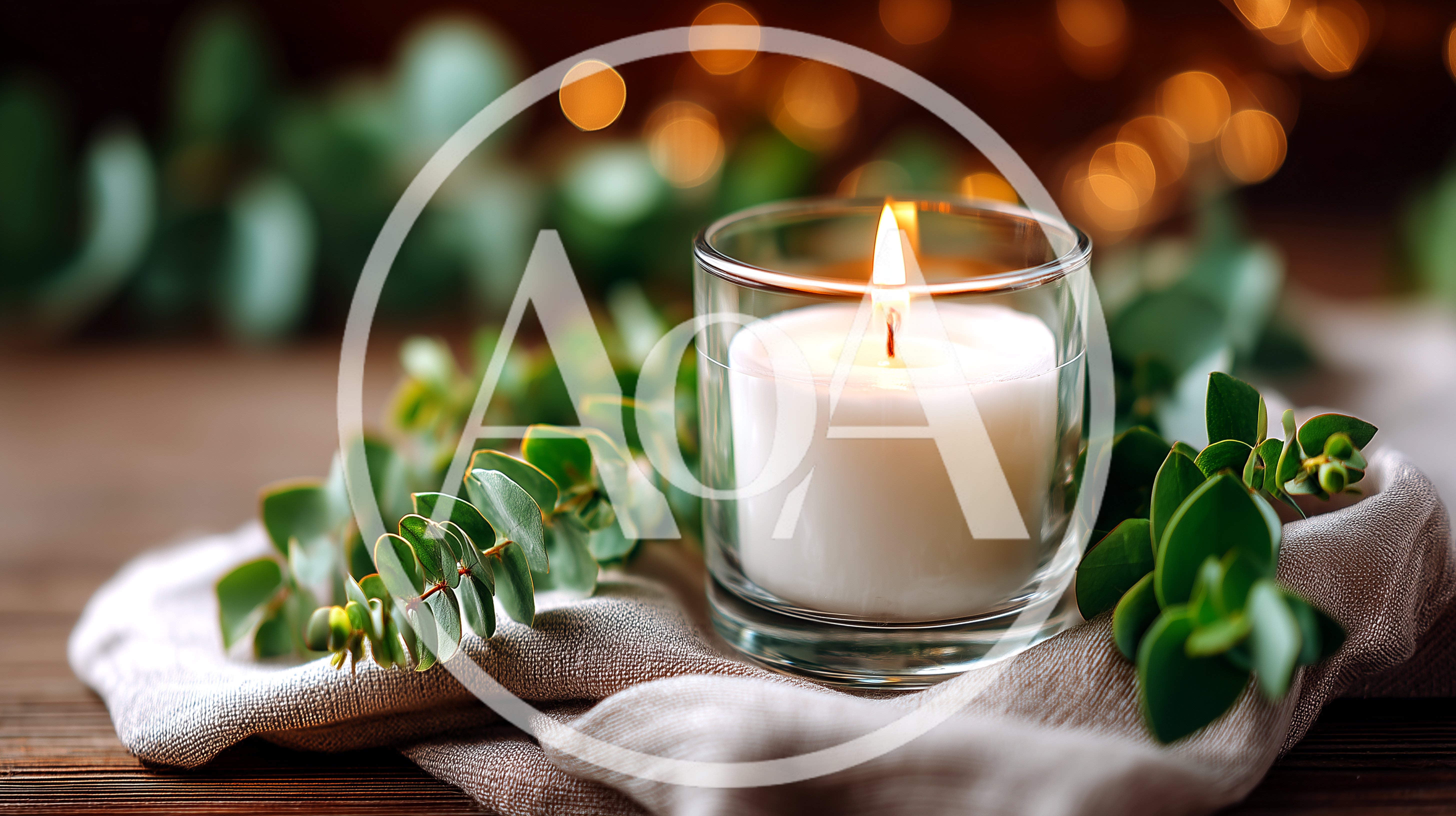 Lit Candle In Glass Jar With Eucalyptus Leaves