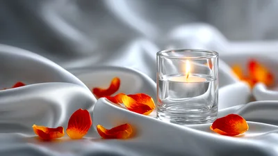 Lit Candle In Glass With Scattered Rose Petals