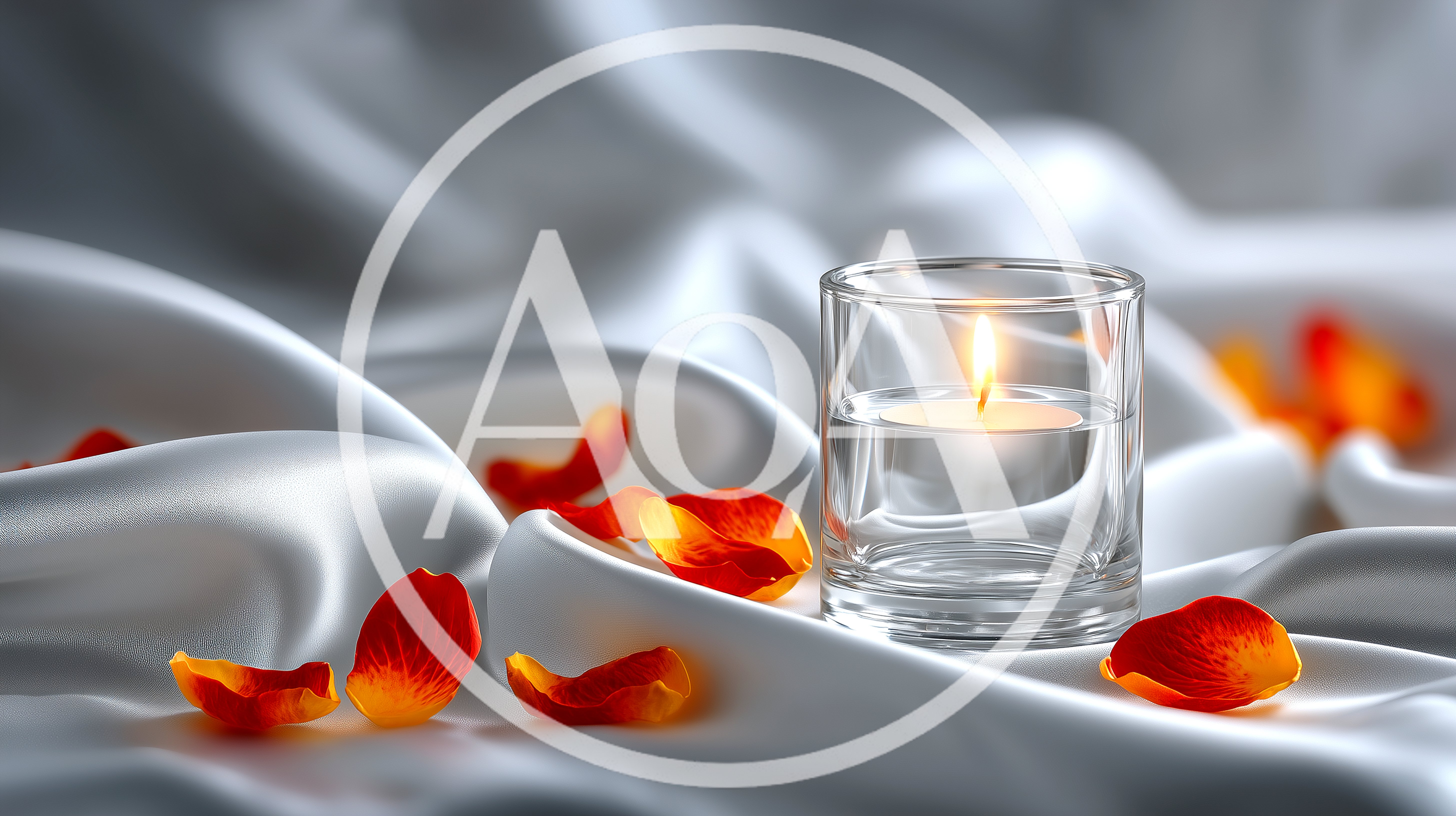 Lit Candle In Glass With Scattered Rose Petals