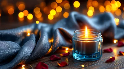 Lit Candle In Glass Jar With Rose Petals