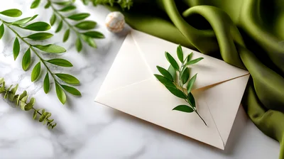 Elegant Envelope With Green Leaves On Marble Surface