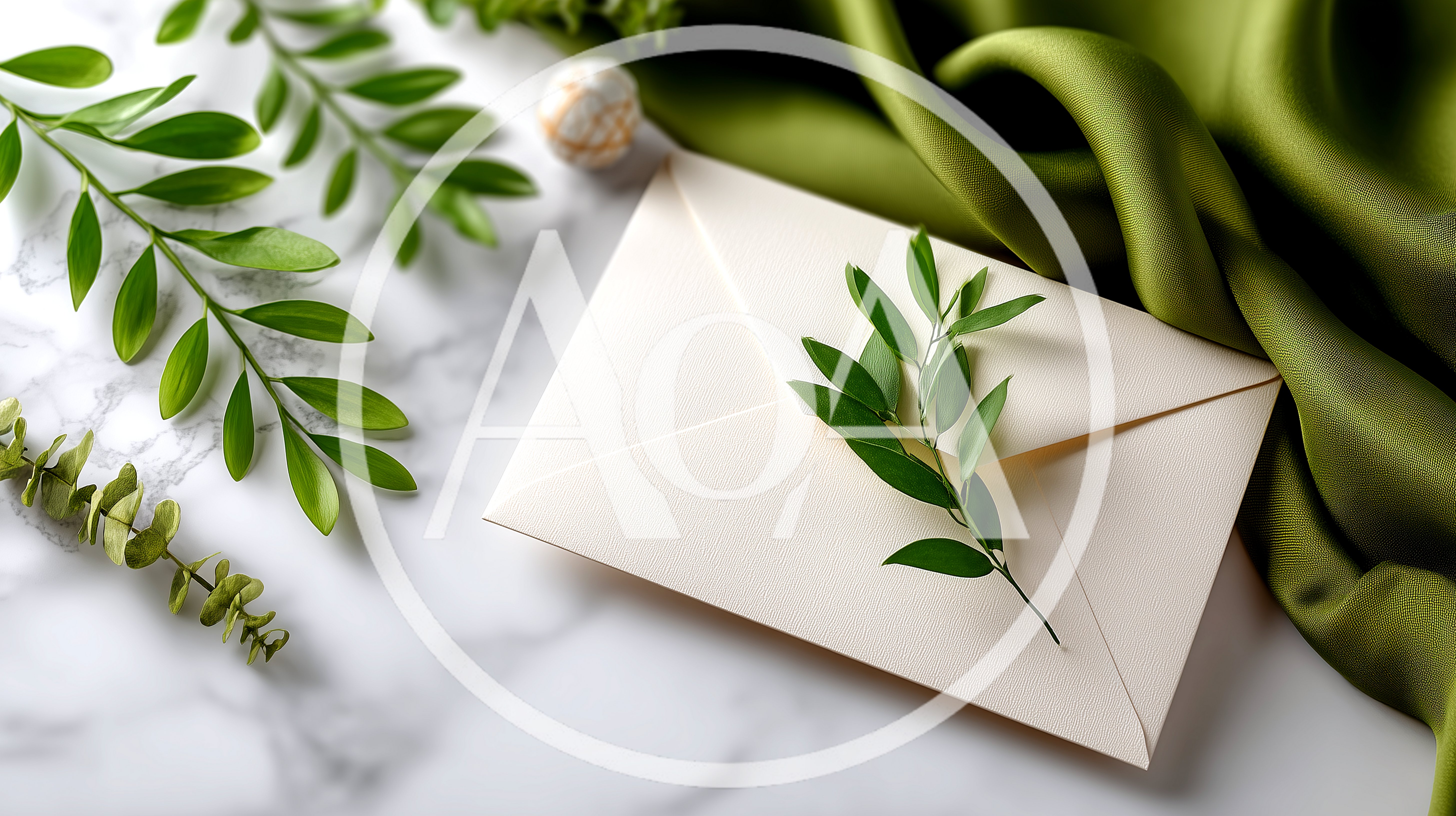 Elegant Envelope With Green Leaves On Marble Surface
