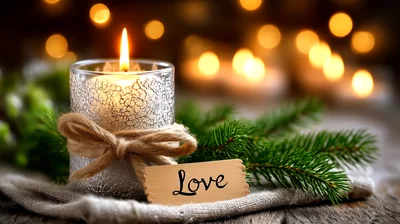 Lit Candle With Love Tag And Pine Branches