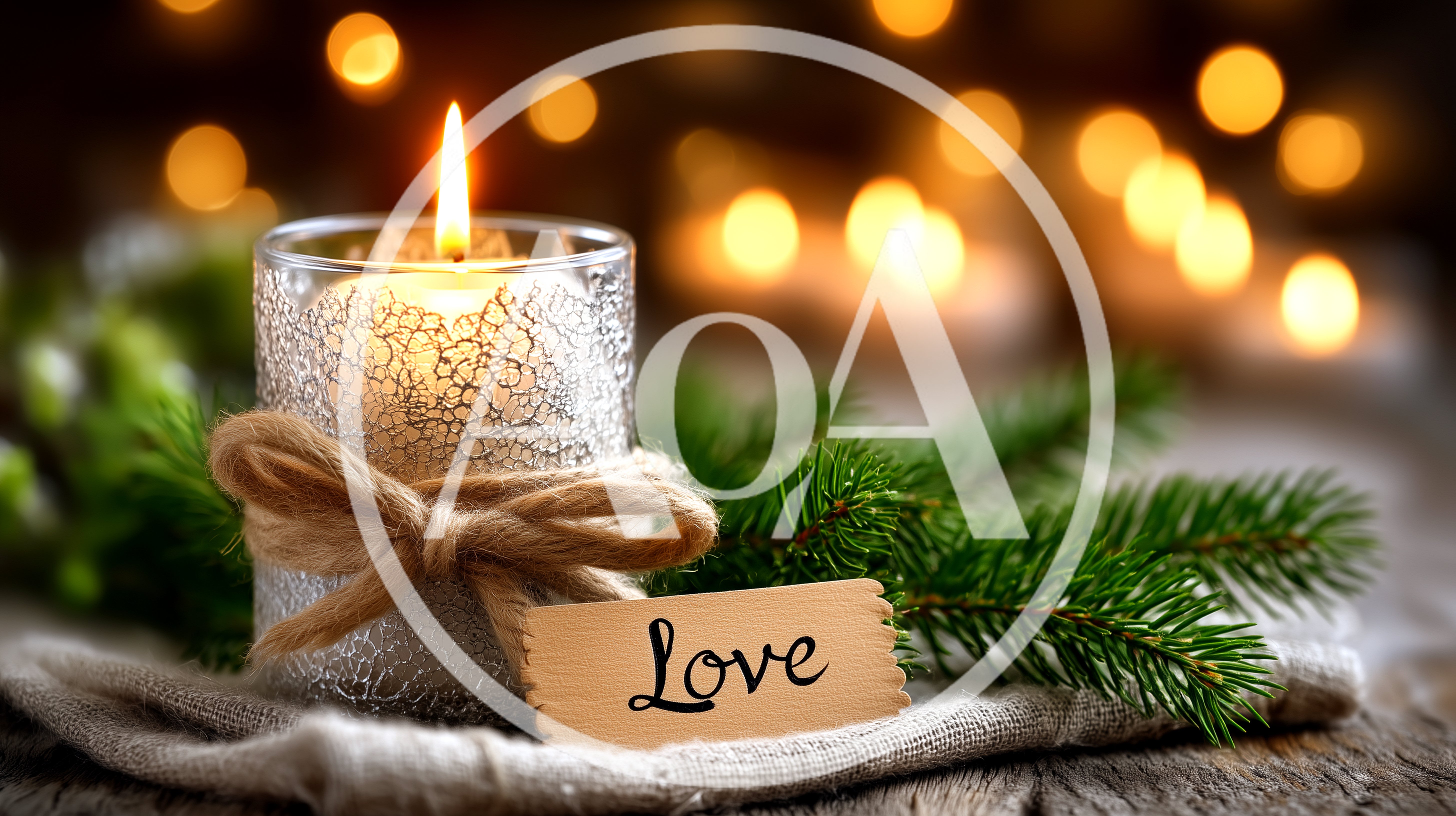 Lit Candle With Love Tag And Pine Branches