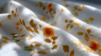 White Fabric With Golden Floral Embroidery