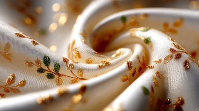 Close Up Of White Silk Fabric With Gold Embroidery