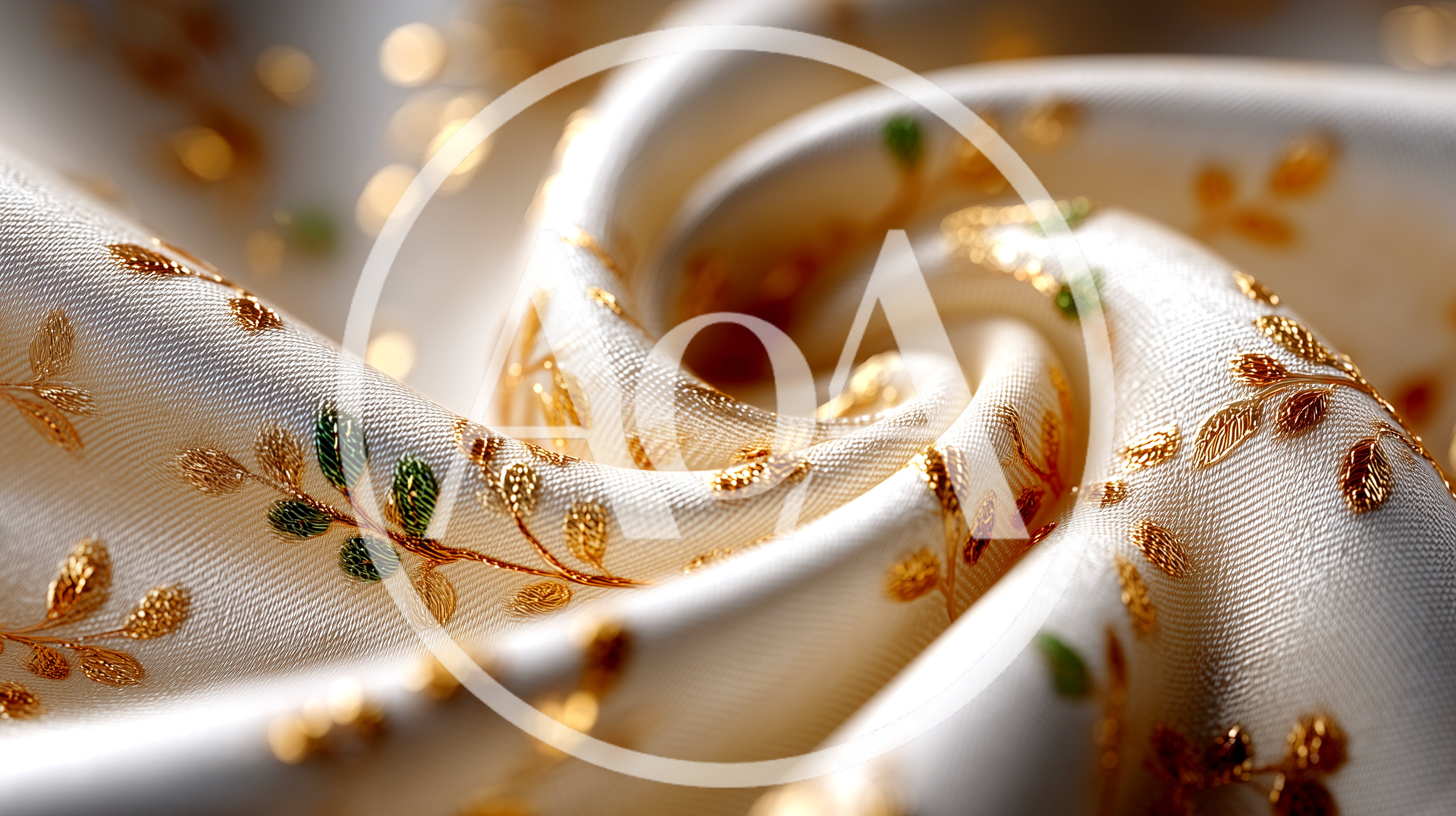 Close Up Of White Silk Fabric With Gold Embroidery