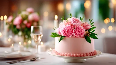Pink Frosted Cake With Peonies On A Cake Stand