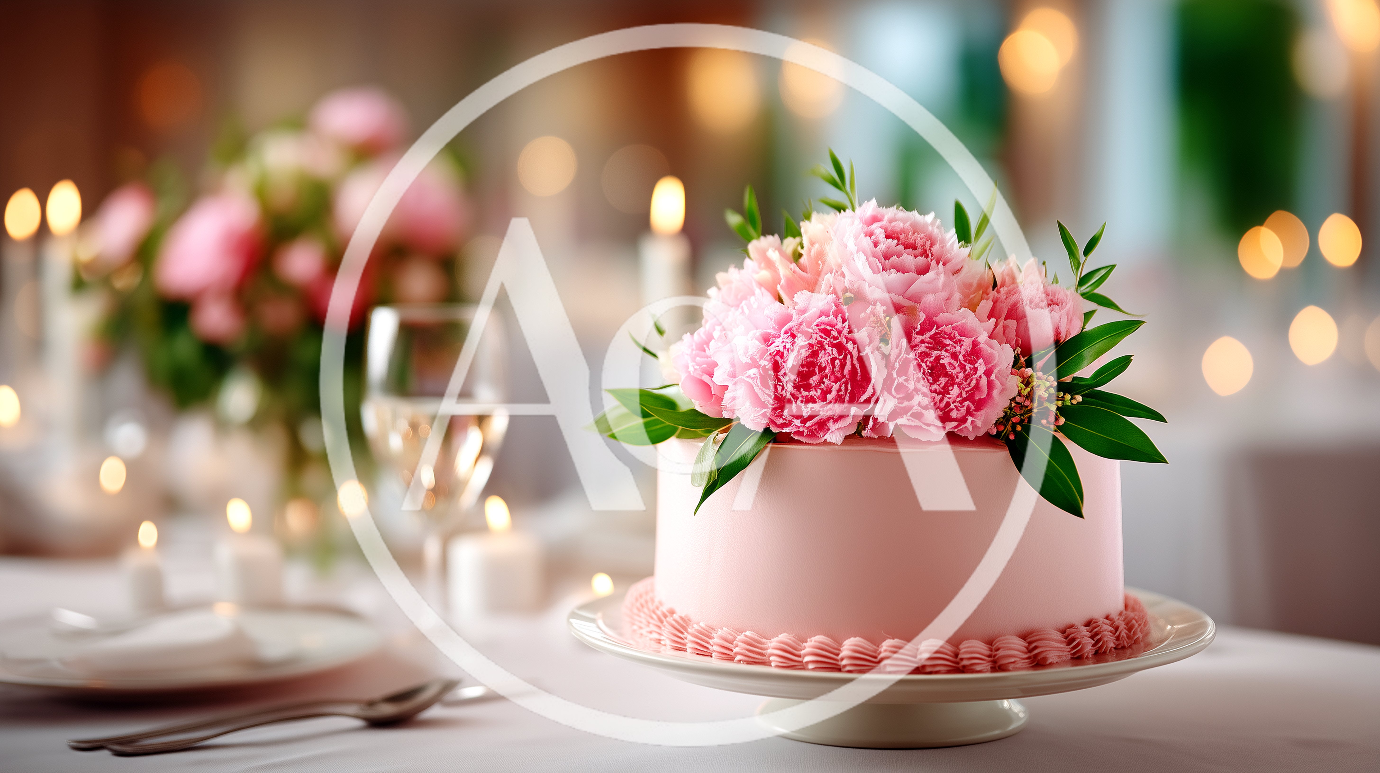Pink Frosted Cake With Peonies On A Cake Stand