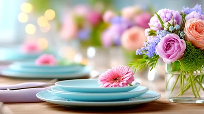 Elegant Table Setting With Pastel Flowers And Plates