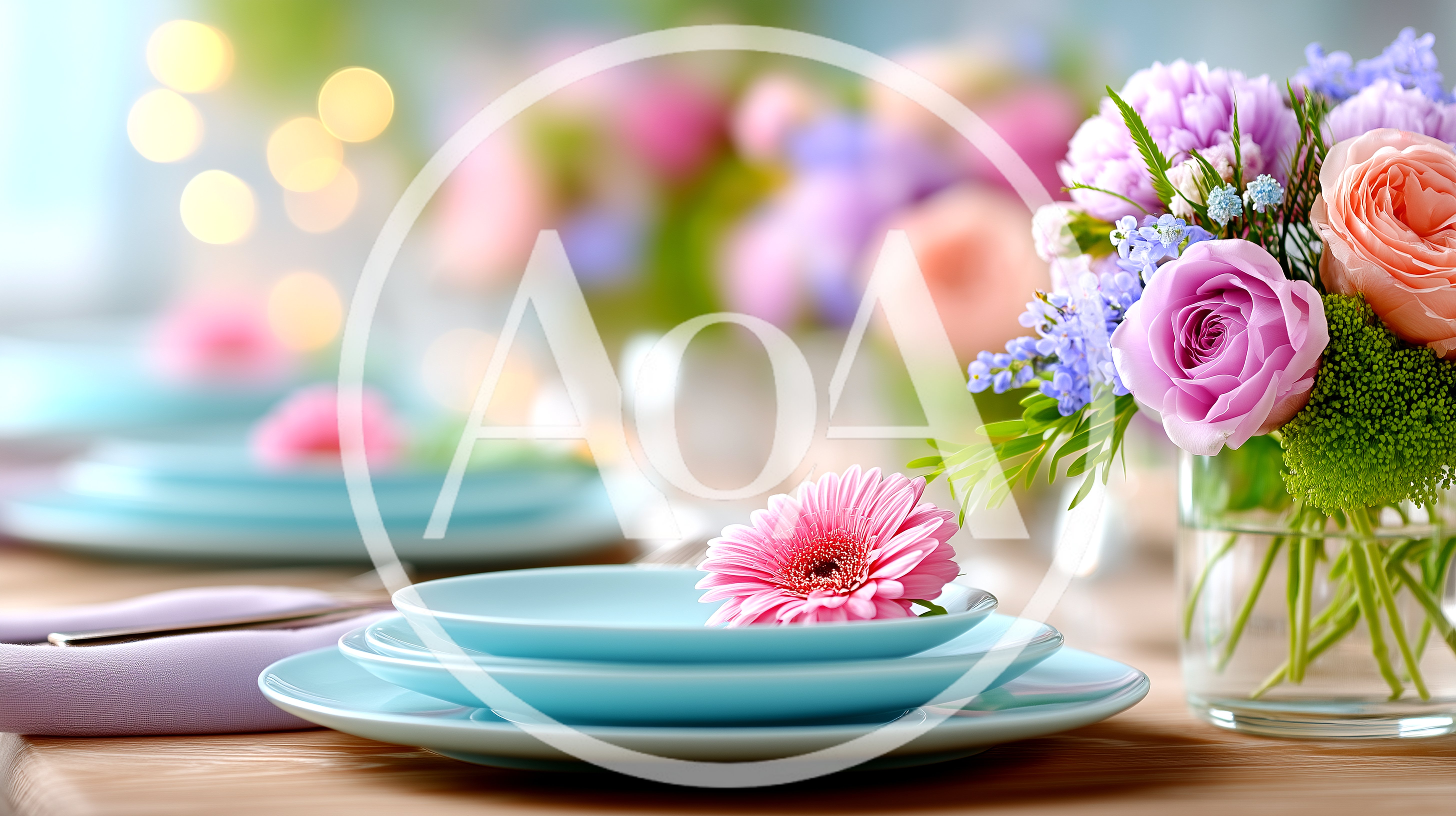 Elegant Table Setting With Pastel Flowers And Plates