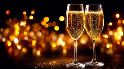 Two Champagne Flutes With Golden Bokeh Lights