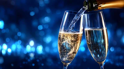 Champagne Being Poured Into Two Flute Glasses