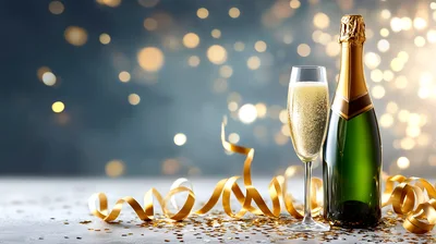 Champagne Bottle and Flute with Gold Ribbons