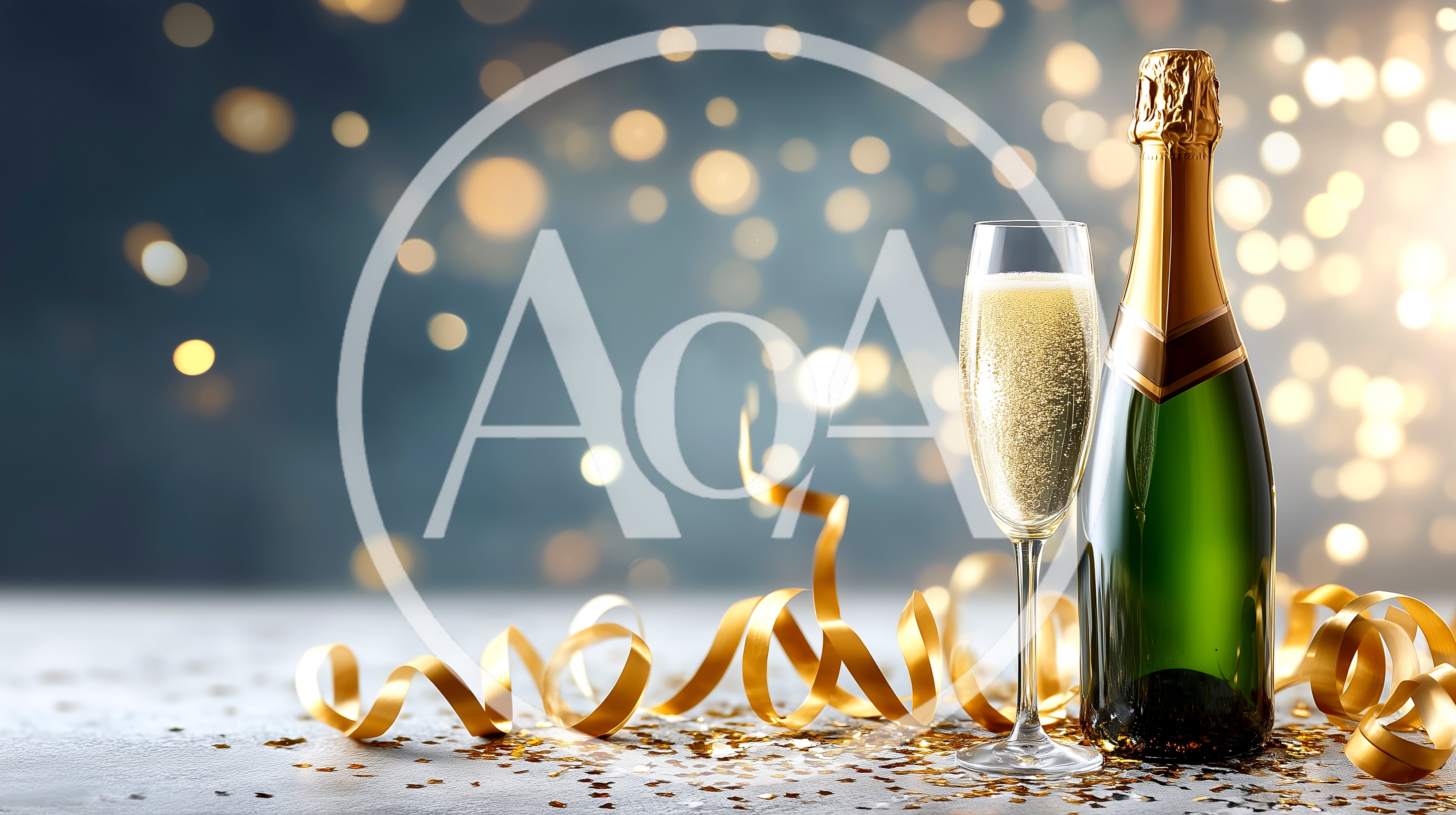 Champagne Bottle and Flute with Gold Ribbons
