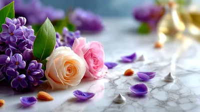 Lilac Flowers and Roses on Marble Surface