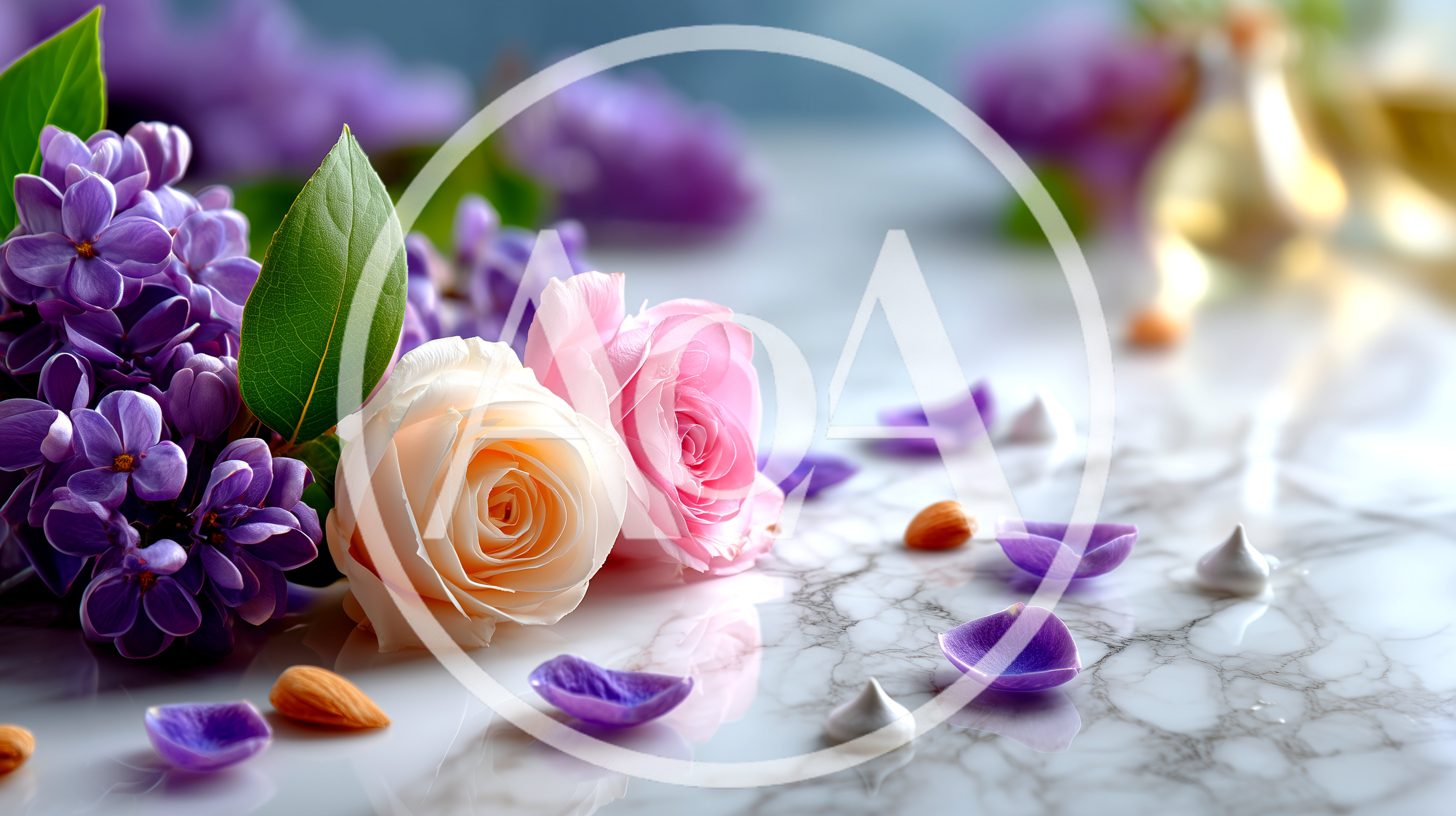 Lilac Flowers and Roses on Marble Surface