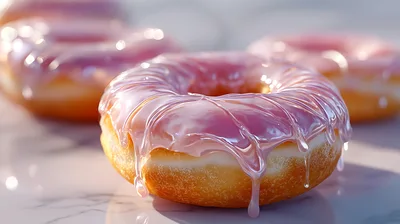 Glazed Pink Donuts On A Marble Surface