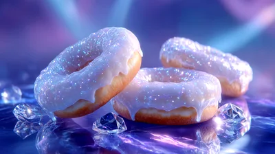 Three Glazed Donuts With Edible Glitter On Reflective Surface