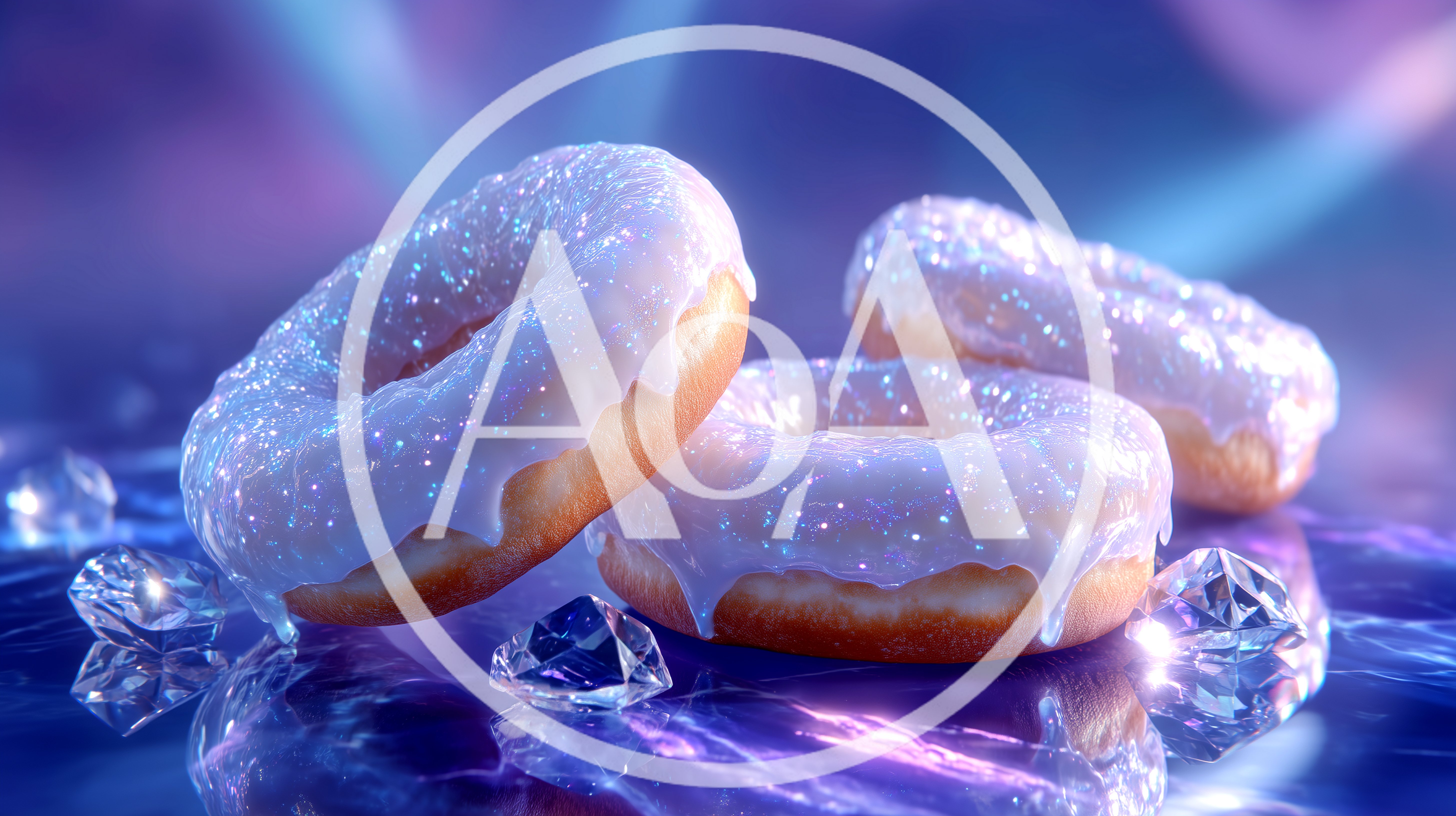 Three Glazed Donuts With Edible Glitter On Reflective Surface