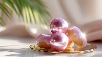 Pink Glazed Donuts And Shiny Spheres On Gold Plate