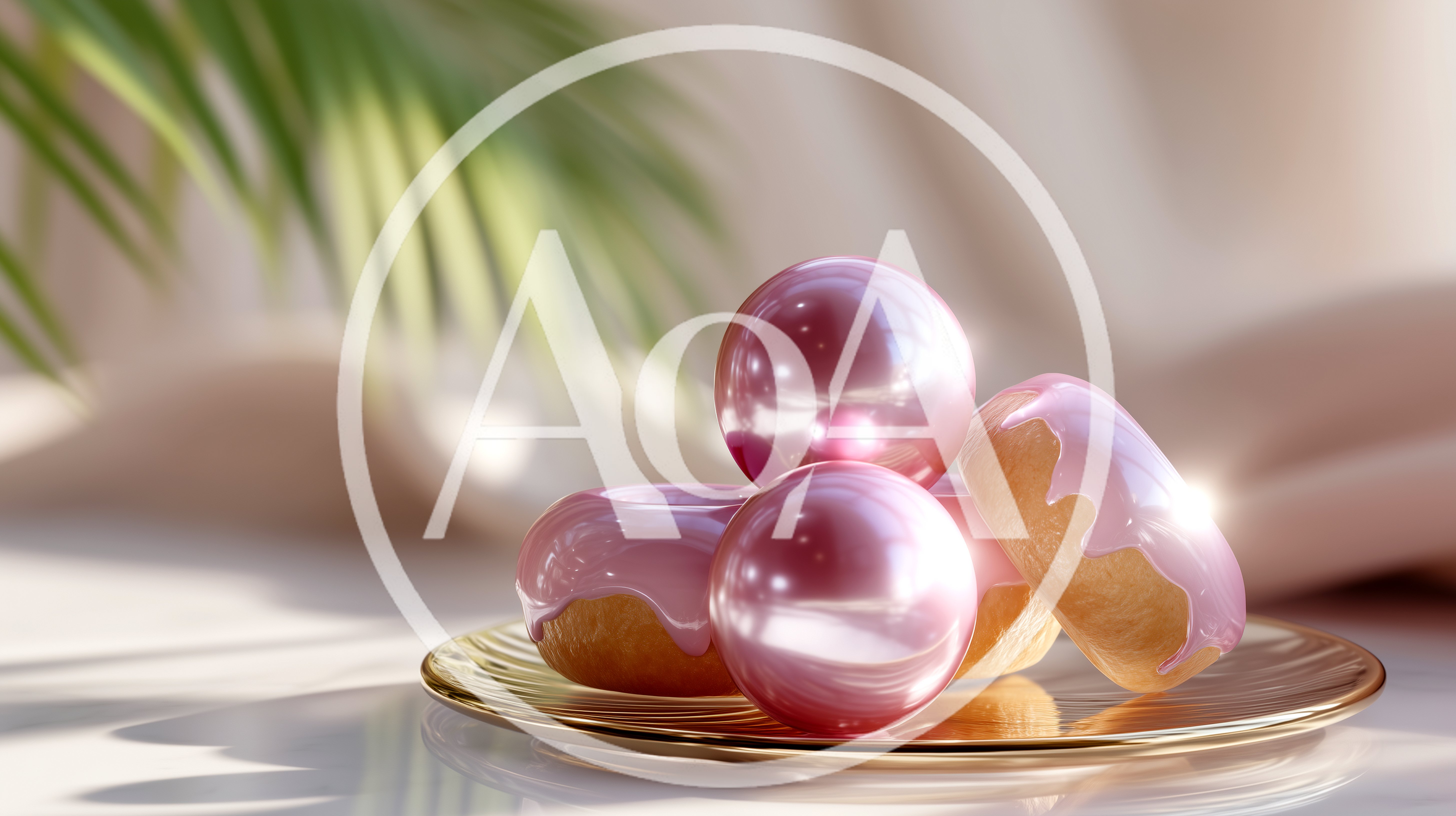Pink Glazed Donuts And Shiny Spheres On Gold Plate