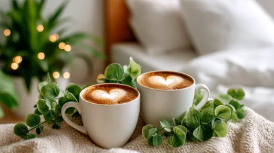 Two White Coffee Mugs With Heart Latte Art