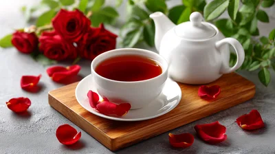 Cup Of Tea With Red Roses On Wooden Board