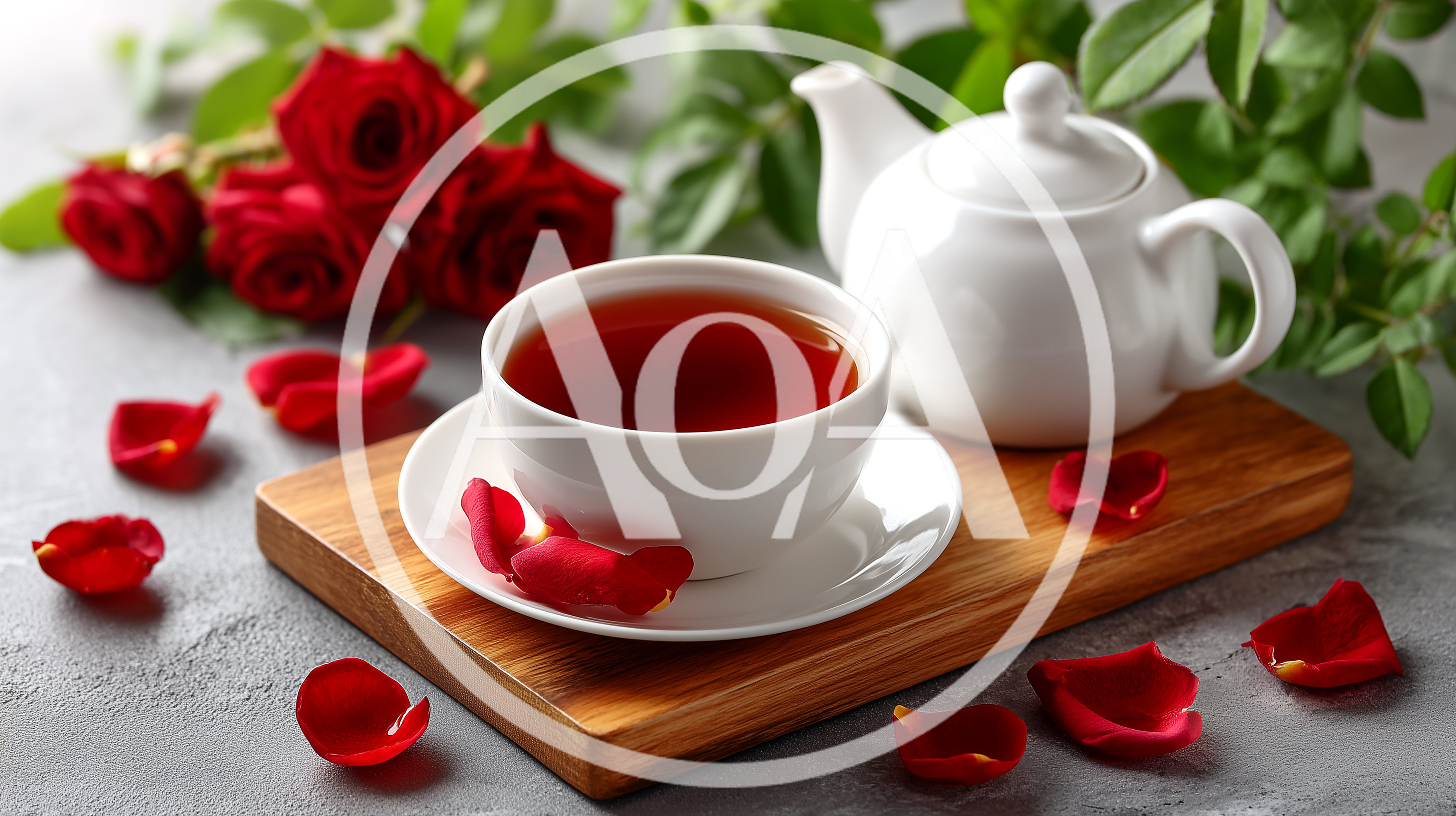 Cup Of Tea With Red Roses On Wooden Board