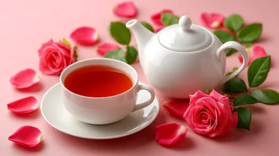 White Teapot And Cup With Pink Roses