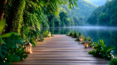 Wooden Dock With Lanterns On A Misty River