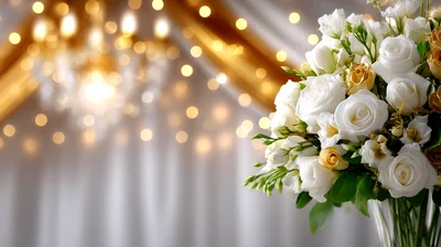 Elegant White Rose Bouquet With Bokeh Wedding Lights