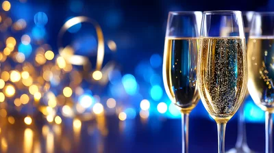 Three Champagne Flutes With Sparkling Wine And Bokeh Lights