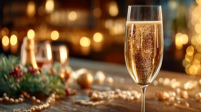 Champagne Flute With Bubbles On A Festive Table