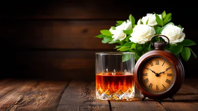 Whiskey Glass And Vintage Clock With White Roses