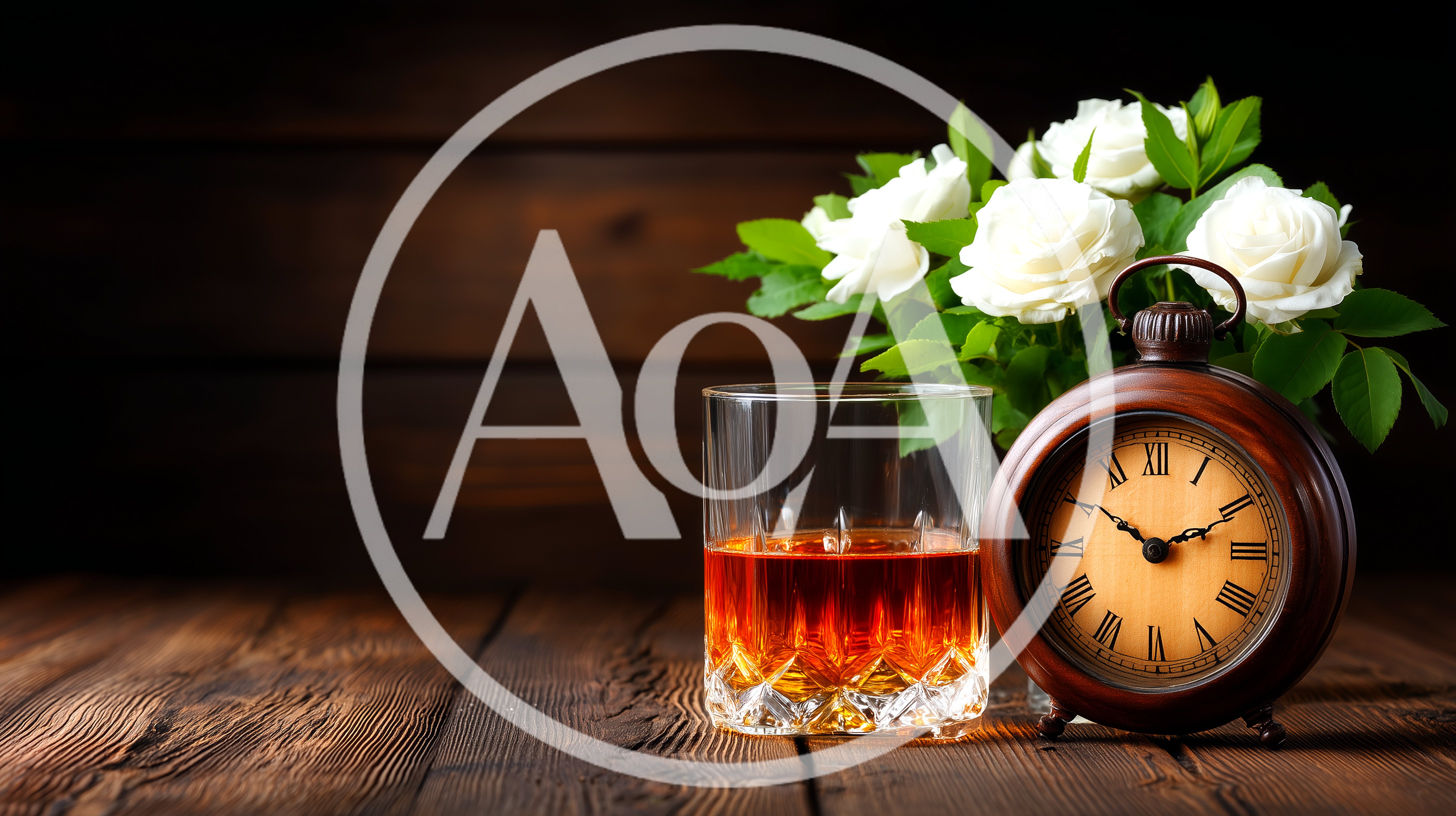 Whiskey Glass And Vintage Clock With White Roses