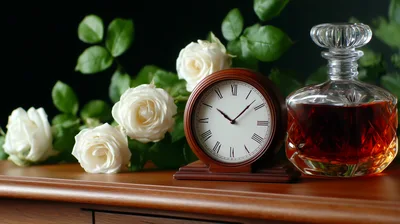 Vintage Clock And Decanter With White Roses