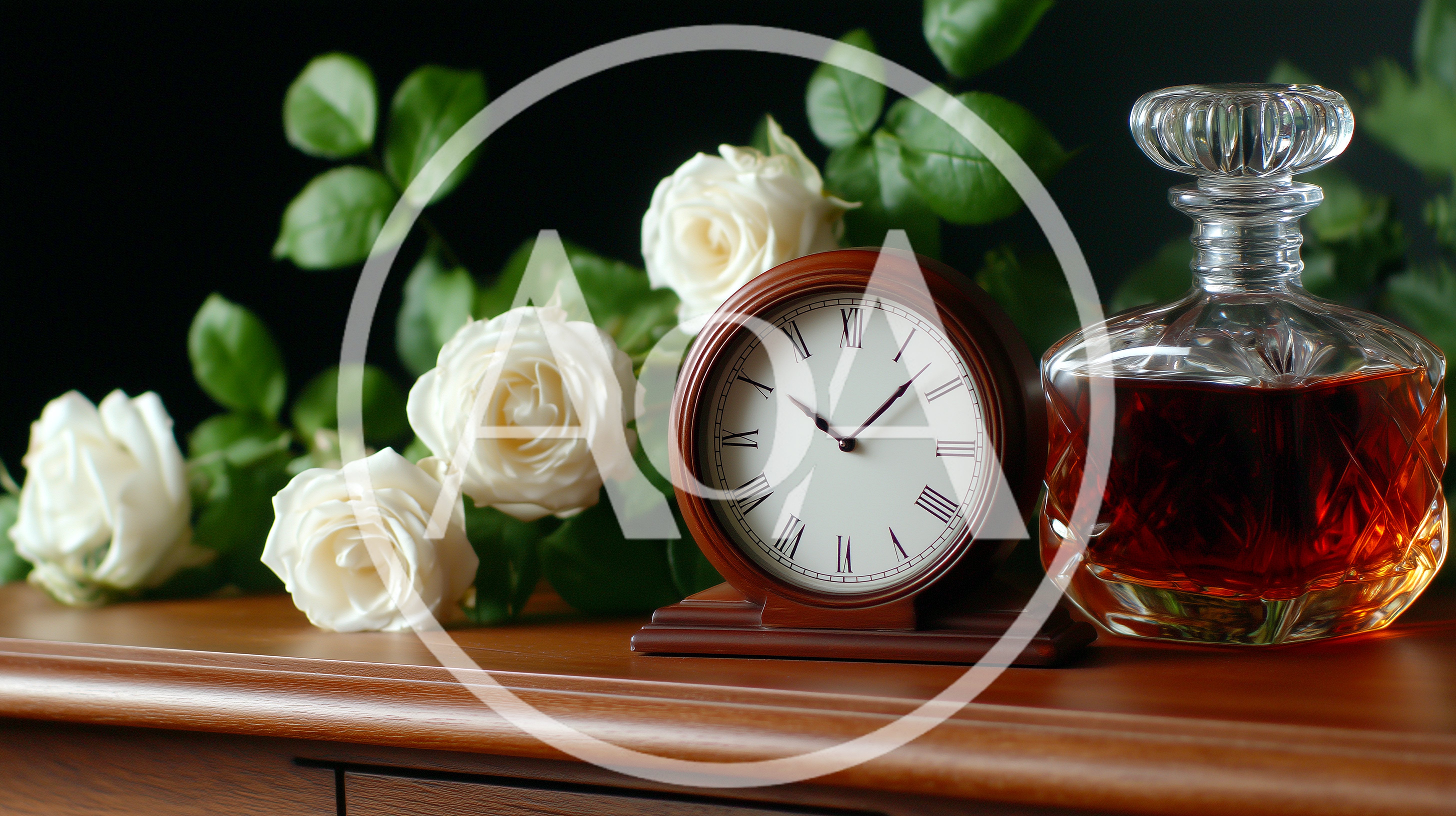 Vintage Clock And Decanter With White Roses