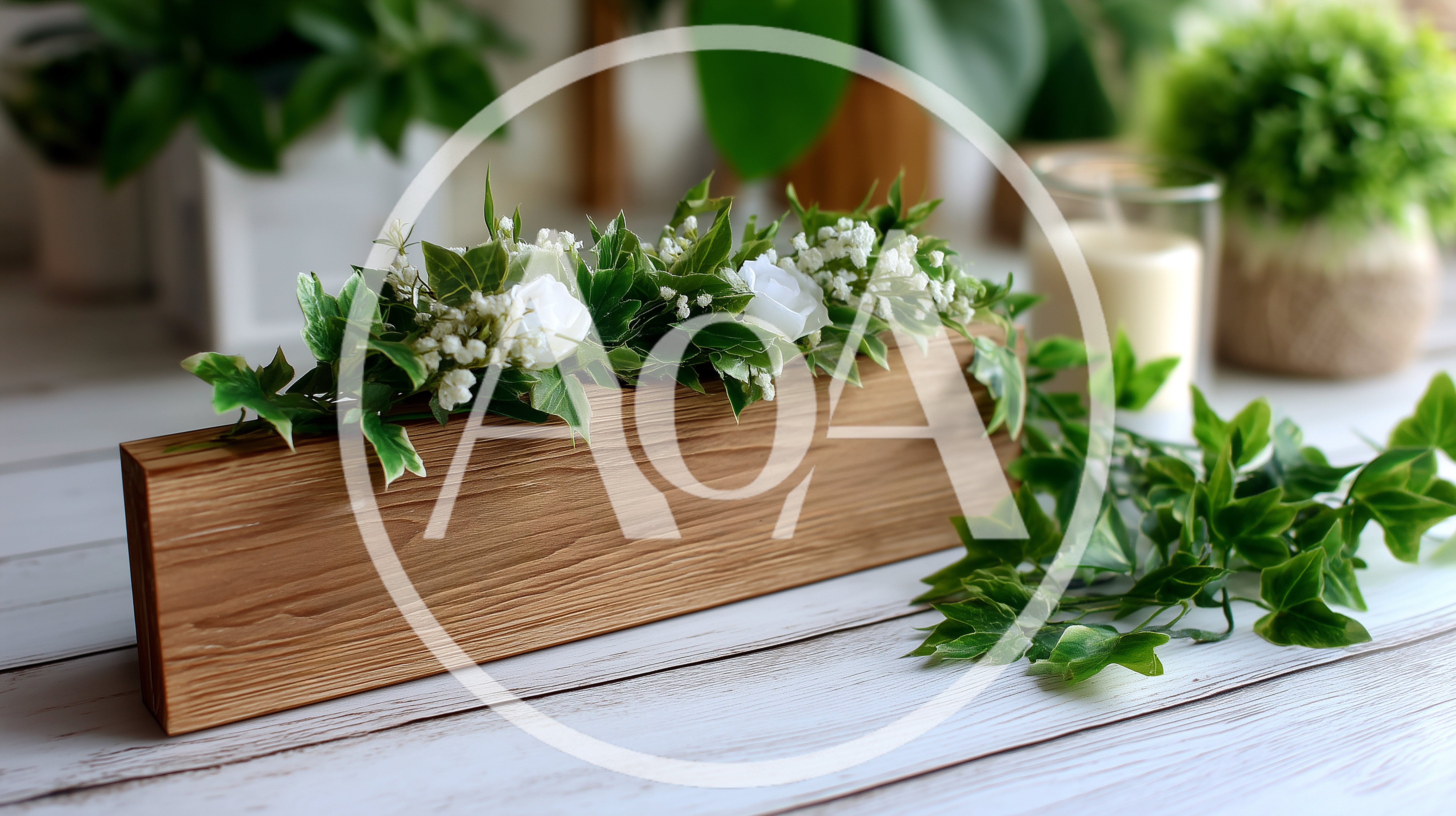 Wooden Planter Box With Artificial Flowers And Ivy