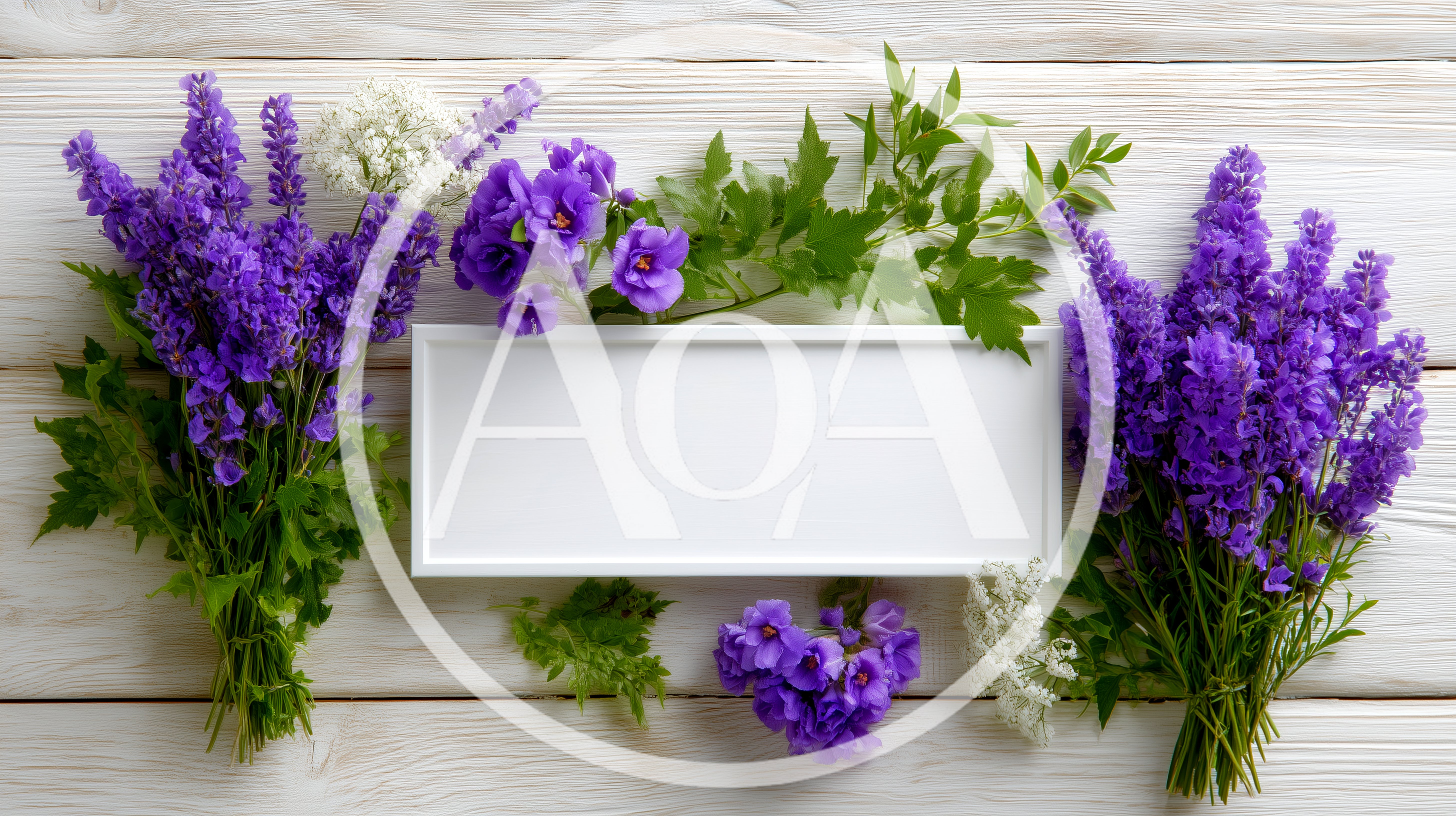 Purple Flowers And White Frame On Wooden Background