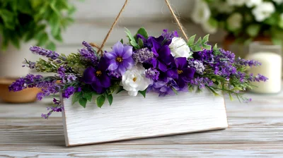 Hanging Wooden Sign With Purple And White Floral Arrangement