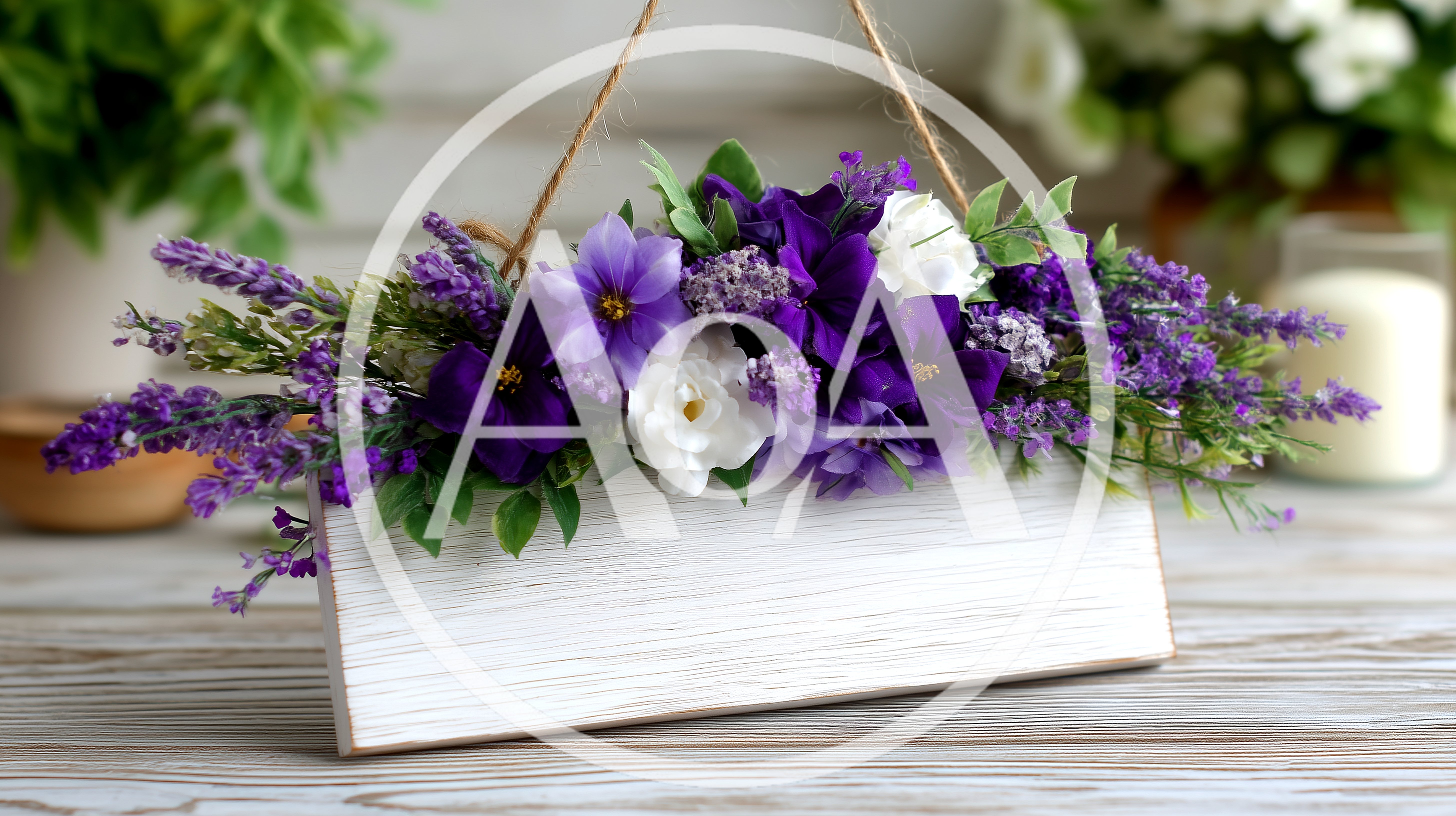 Hanging Wooden Sign With Purple And White Floral Arrangement