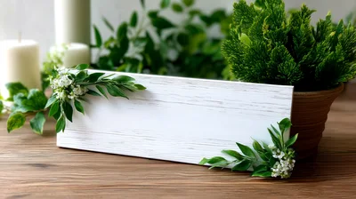 Blank White Wooden Sign With Floral Decorations